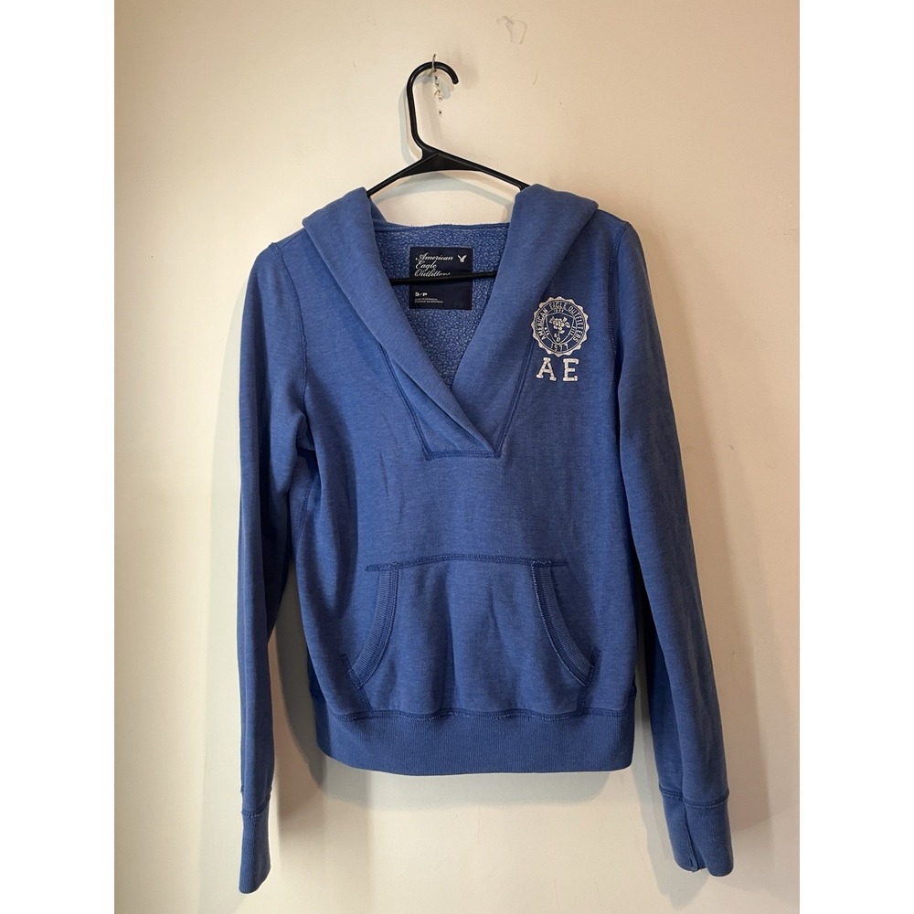 Vintage Y2K American Eagle Womens Sm Hooded‎ SweatShirt Blue Thick V-Neck Pocket